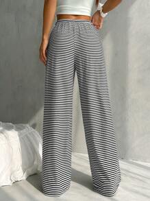 SHEIN EZwear Pantalones casuales sueltos de punto a rayas con cordón ajustable, talla grande
