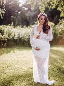 Robe de maternité à col en V en dentelle pour la photographie, la baby shower, les occasions spéciales, les robes de plage avec manches longues, pour la séance photo