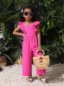 SHEIN 年輕女孩編織純色無袖連身褲，帶褶邊裝飾，休閒風格和寬鬆版型