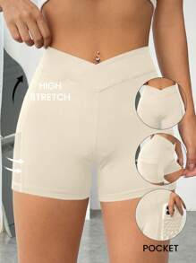 SHEIN EZwear Solid Asymmetrical Waistband Phone Pocket Side Biker Shorts - Apricot - View 1