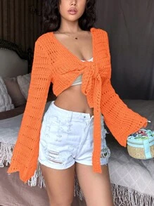 SHEIN Unity Ladies' Hollow Out Design Front Tie Cardigan - Burnt Orange - View 7