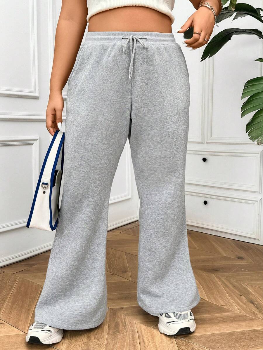 CovetEZ Cộng với kích thước dây rút quần culottes ống loe dài thông thường - Màu Xám nhạt - Xem 1