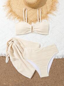 少女夏季纯色纹理两件套比基尼套装带裙罩夏季海滩