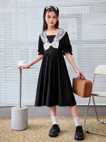 Tween Girl Casual Casual Tinh tế Ren cổ đứng Váy eo Cinched tay phồng - màu đen - Xem 3