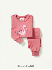 Cozy Pixies 嬰兒女寬鬆貼身睡衣套裝，卡通動物印花針織柔軟圓領長袖套頭上衣與長褲 - 粉色 - 查看 3