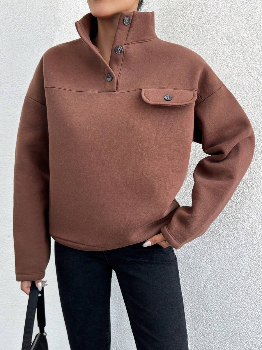 EURMUSE Women's Button Half-placket Drop Shoulder Sweatshirt - Brown - View 1