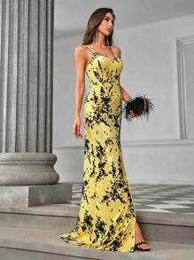 SHEIN Belle Elegant und luxuriöses gelbes Flock Pailletten-Camisole-Top mit hoher Taille, seitlichem Schlitz, rückenfreiem Design und Schwanz, perfekt für Dating, Single-Partys, Abschlusszeiten, Hochzeiten, besondere Anlässe, formelle Abendessen und Galas - Gelb - Übersicht 6