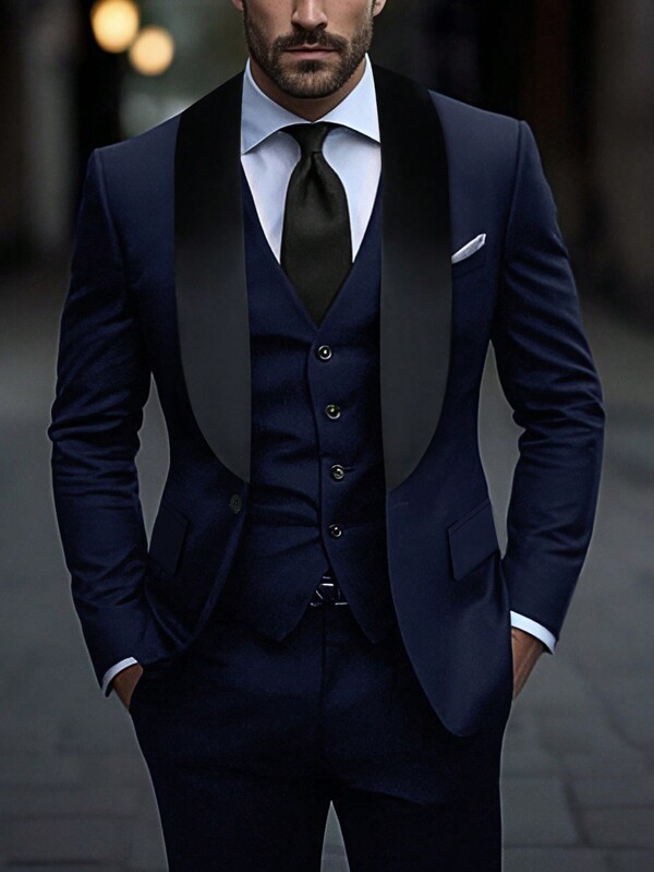 Manfinity Mode Conjunto de traje de negocios con cuello de chal de color azul contrastante para hombres