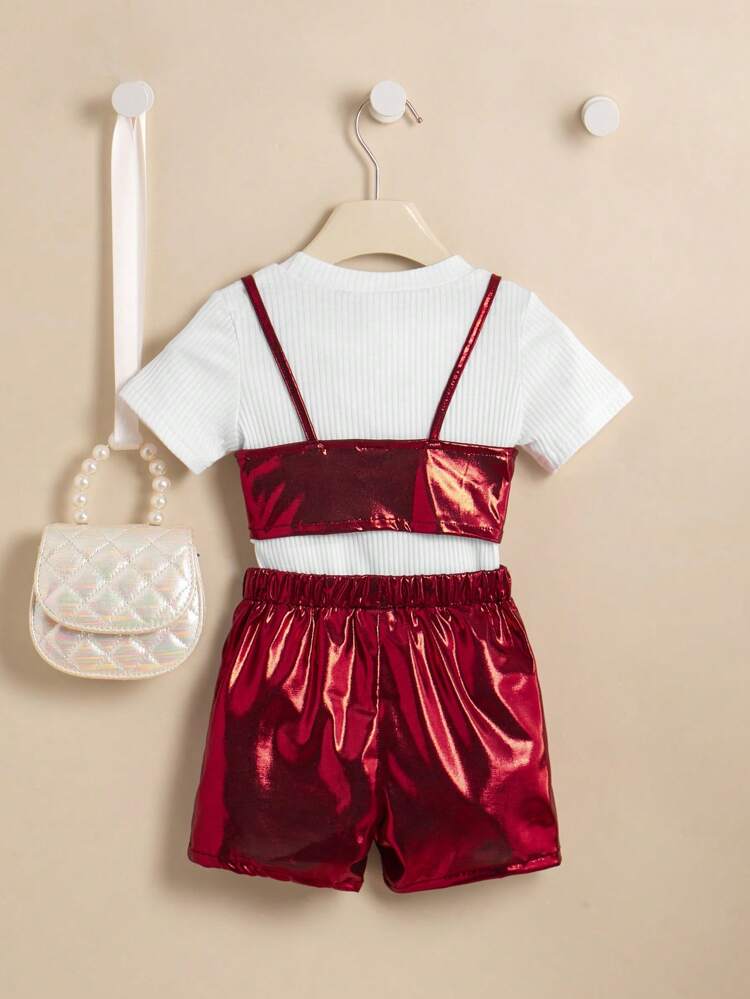 Baby Girl Fashionable Faux Leather Suspender And Shorts Set With Inner Top, Spring/Summer