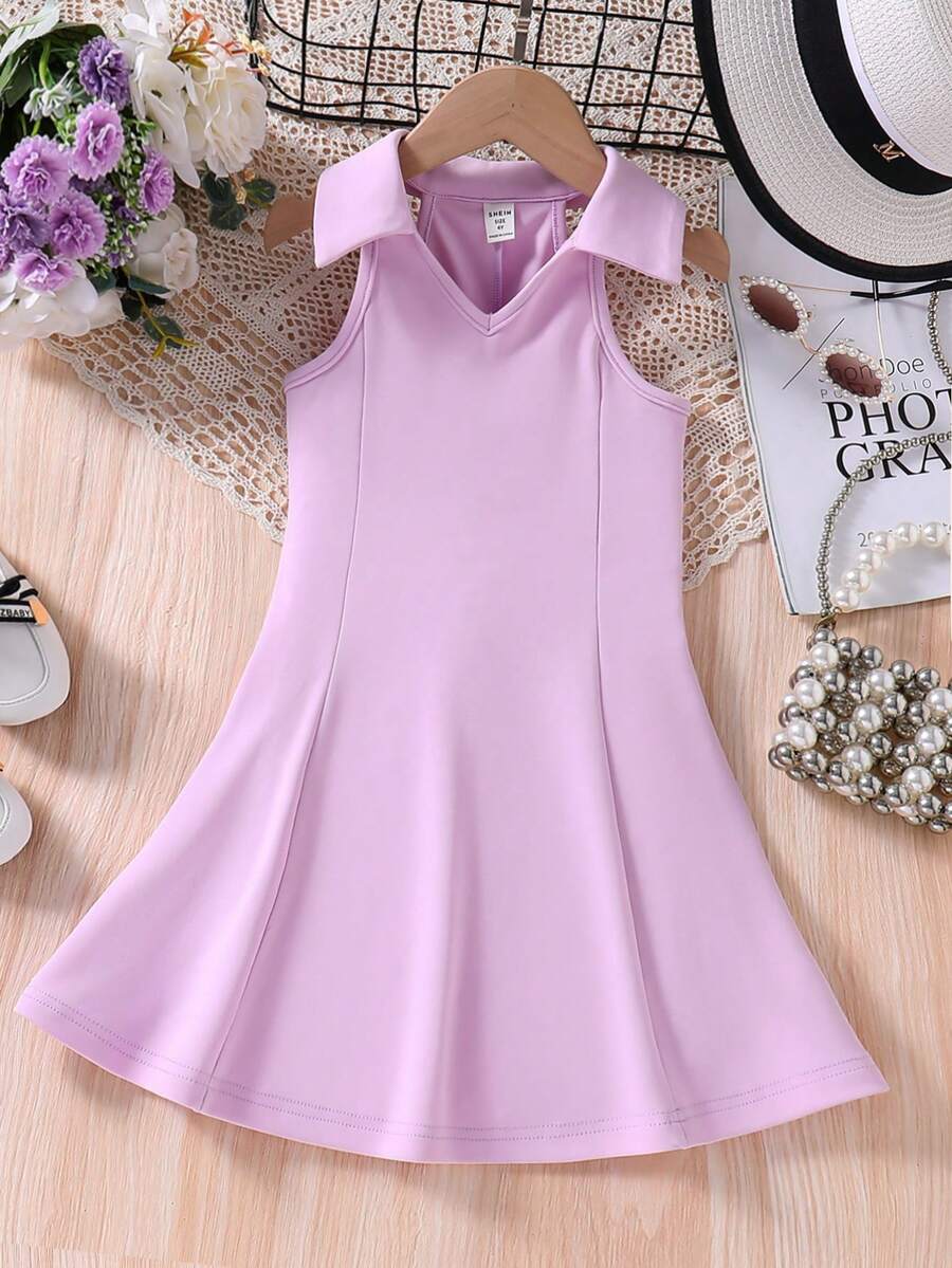 Vestido de unicolor con cuello en V y línea A de moda para niña joven - Morado - Ver 1