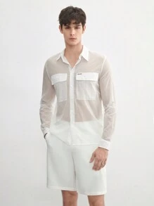 AKNOTIC Business Casual Men's Woven Nylon Wrinkle Solid Color Thin Shacket, For Fall Winter - White - View 2