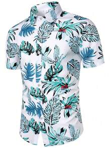 Camisa de manga corta hawaiana impresa con plantas tropicales de moda para hombres, para el verano - Blanco - Ver 1