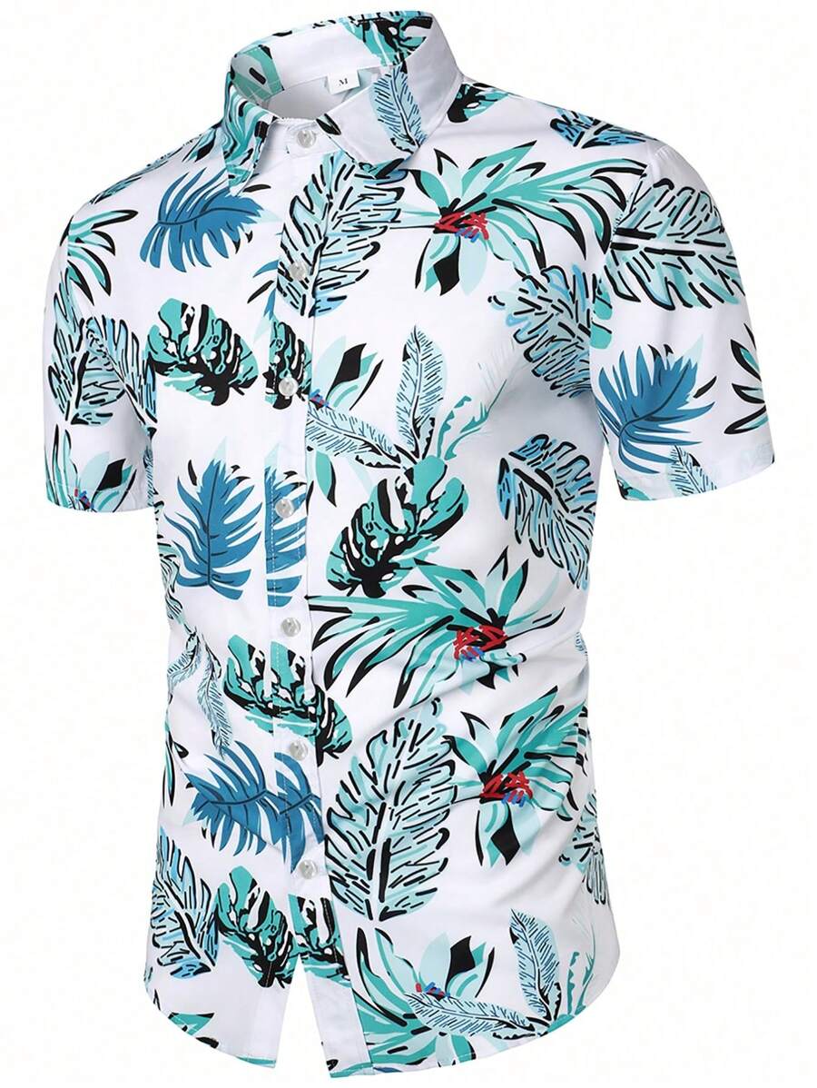 Camisa de manga corta hawaiana impresa con plantas tropicales de moda para hombres, para el verano - Blanco - Ver 1