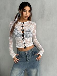 SHEIN EZwear Women's Summer Sexy Lace Bow Decorated See-Through Slim Cropped Top - White - View 5