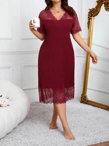 Slumberist Plus Size Summer Solid Color Lace Patchwork Short Sleeve Pajama Night Dress - Burgundy - View 5