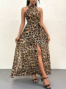 Firerie Vestido elegante de cuello halter con estampado de leopardo y abertura en A para mujer, ideal para vacaciones de verano - Caqui - Ver 2