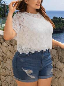 SHEIN Frenchy Plus Size Lace Short Sleeve Vacation Women's Crop Top - White - View 7