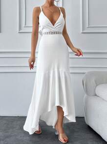 SHEIN Cottnline Contrast Lace High Low Hem Tie Back Cami Maxi Length Dress - White - View 5