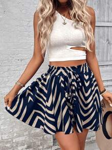 SHEIN LUNE Women's Casual Printed Random-Cut Shorts For Daily Wear - Blue - View 5