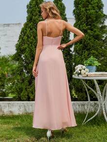 Elegant Spaghetti Strap Ruffle Hem Bridesmaid Dress - Baby Pink - View 2