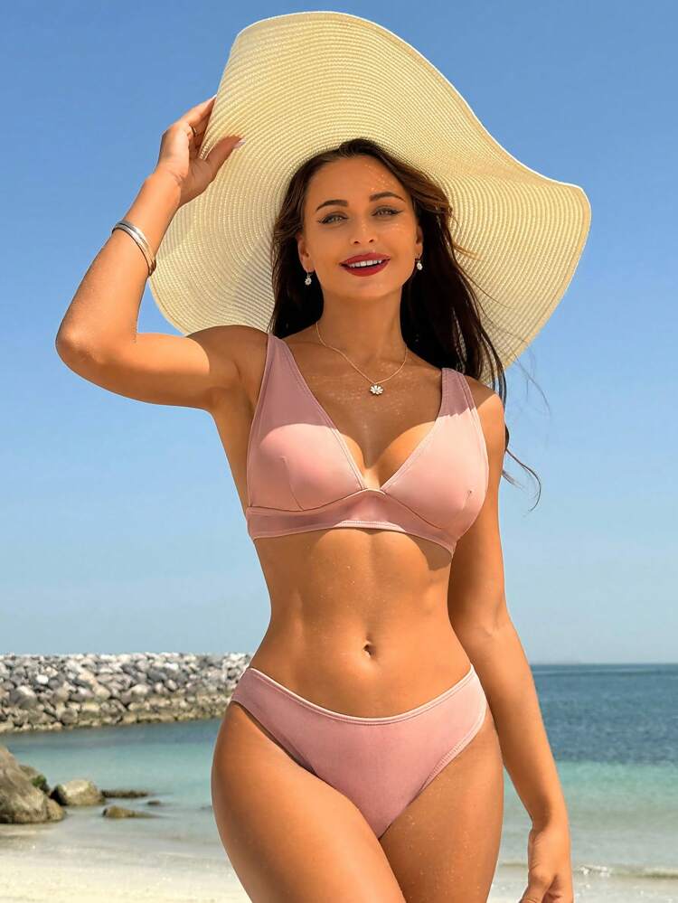 Solid Color Bikini Set For Beach Vacation And Swimming,Summer Beach
