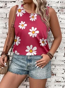 EMERY ROSE Top casual sin mangas veraniego con patrón floral de margaritas, camisola y top para mujeres de talla grande