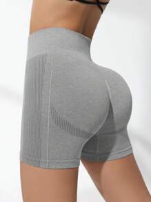 Easithlete Quần short thể thao liền mạch cạp cao màu trơn, quần short nỉ mùa hè cho nữ, quần short tập gym, quần short đi xe đạp - Xám - Xem 2