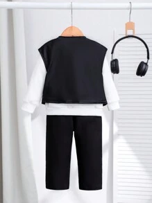 SHEIN 3pcs/Set Baby Boys' Casual Street Style Fashionable Letter Printed Sweatshirt, Vest And Long Pants Spring/Summer Outfits - Black and White - View 2