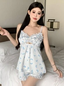 DAZY 蝴蝶全印花和刺繡蕾絲裝飾中空Cami上衣和短褲睡衣套裝 - 白色 - 查看 1
