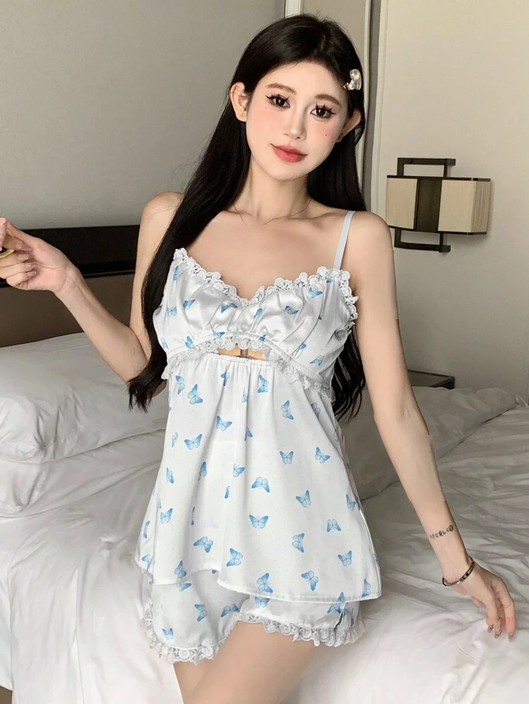 Butterfly Allover Print And Embroidered Lace Applique Hollow-Out Cami Top And Shorts Pajama Set