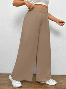 SHEIN EZwear 大尺碼女士純色寬腳褲 - 棕色 - 查看 5