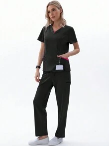 TaskEZ Women's Summer Scrub Uniforms Set, Matte Finish, 5 Pockets, Soft And Elastic, 2pcs - Black - View 7
