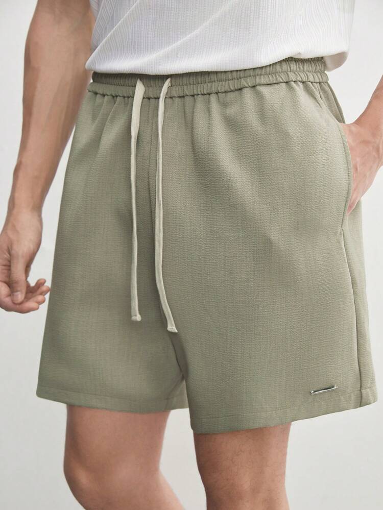 Easy Care Men's Woven Stretch Polyester Flat-Front Shorts, Solid Color, Suitable For Summer Casual & Daily Wear