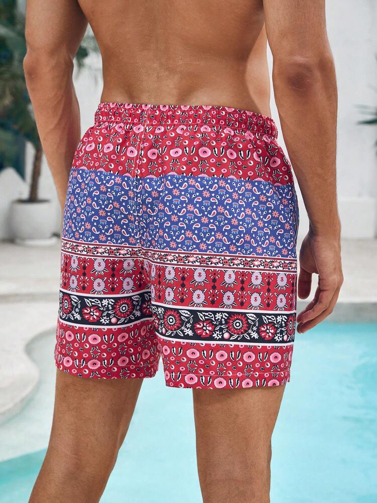 Men's Vacation Floral & Paisley Printed Elastic Drawstring Loose Beach Shorts