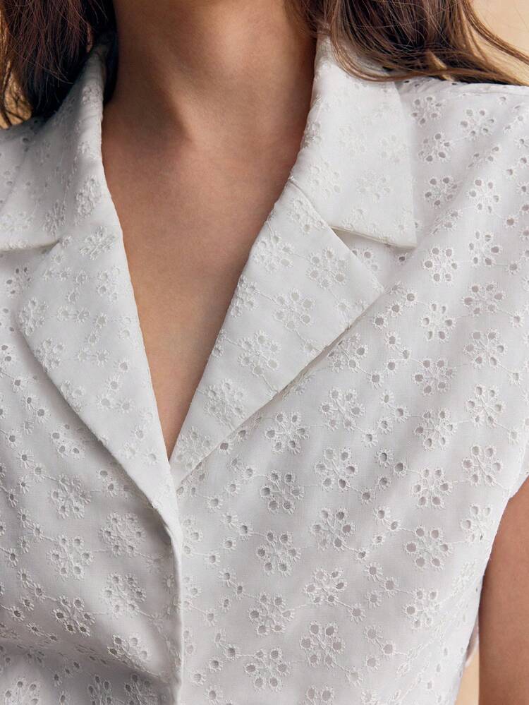 Exquisite Hollow Out Embroidery, Camp Collar Lapel Single Breasted Short Sleeve Shirt With Bow Tie, Summer Vacation Season, Comfy, Fashion, Grad Dress, Elegant Teacher, Leisure, Simple Daily, Cottagecore, White Essential, Solid Color, Holidayleisure, Modest, Bachelorette Casual