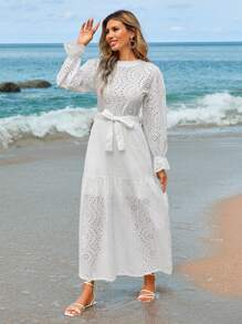 RueChic Embrodery Belt Detail Long Dress - White - View 3