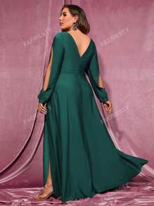 Faeriesty Plus Split Thigh Overlap Collar Bishop Sleeve Slit Thigh Dress