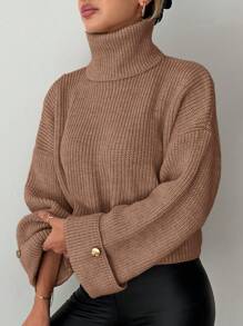 EURMUSE 純色高領肋針編織寬鬆毛衣