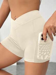 SHEIN EZwear Solid Asymmetrical Waistband Phone Pocket Side Biker Shorts - Apricot - View 7