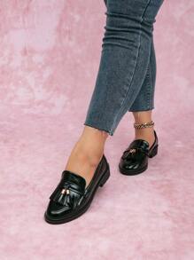 女款圓頭厚底麂皮加厚帶流蘇粗跟懶人鞋，寬碼扁平鞋底，適用於春秋季節