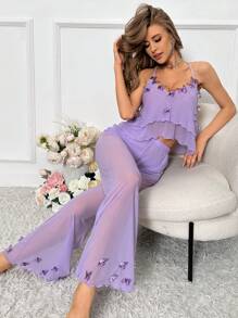 Conjunto de pijama para mujer con cuello en V decorado con mariposas 3D