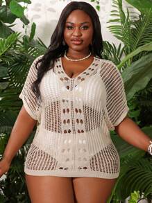 Áo khoác ngoài có thiết kế khoét rỗng dành cho nữ Plus Size màu mơ, trang phục đi biển mùa hè - Màu be - Xem 7