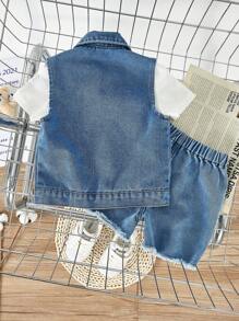 SHEIN Conjunto de 3 peças Colete de Denim sem Mangas, Camiseta sem Mangas com Gola Redonda, Shorts de Denim com Barra Desfiada e Perna Larga - Baby Azul - Ver 2