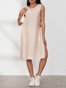 EMERY ROSE 女士圓領純色分割式下擺無袖休閒襯衫，適用於夏季