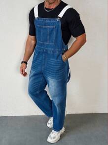 Manfinity Hypemode Men's Plus Size Casual Denim Overalls , Baggy Overall Plain Royal Blue Going Out Vintage - Medium Wash - View 7