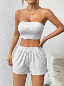 SHEIN PETITE Women's Solid Color Casual Two-Piece Set - Grey - View 5
