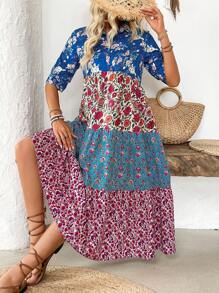 Breezaya Vestido de manga media de estilo retro para vacaciones con cuello de camisa y sobrefalda abotonada para mujeres - Multicolor - Ver 4