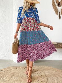 Breezaya Vestido de manga media de estilo retro para vacaciones con cuello de camisa y sobrefalda abotonada para mujeres - Multicolor - Ver 5