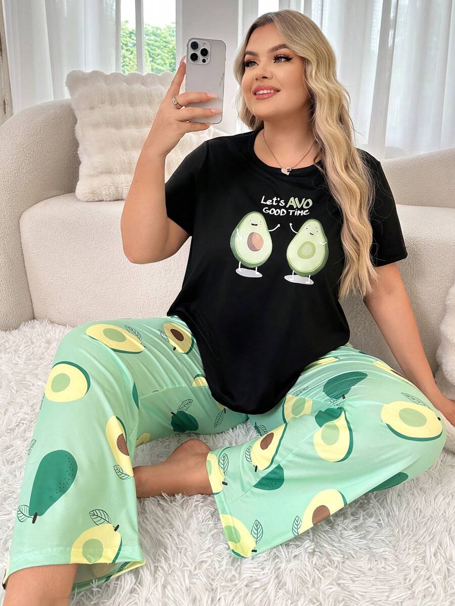 女士牛油果印花短袖長褲睡衣套裝 - 綠色 - 查看 1