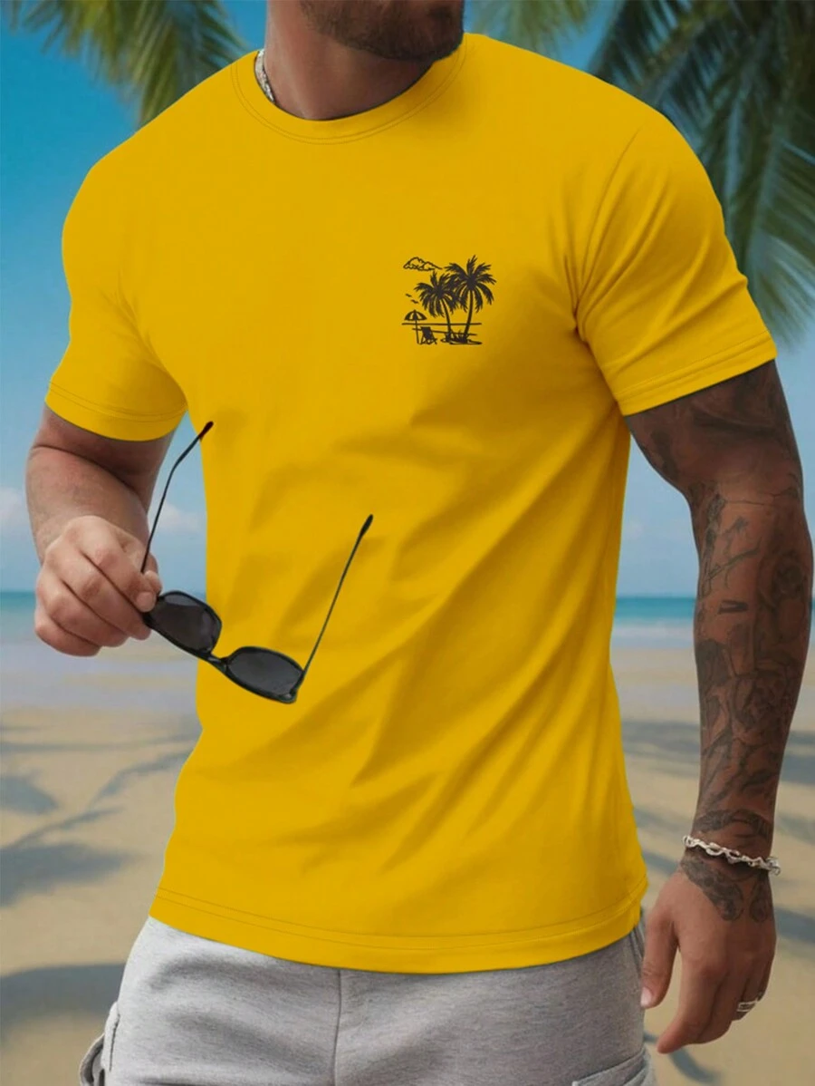 Manfinity RSRT Men Crew Neck Short Sleeve Tee With Plant Printing For Summer - Yellow - View 1